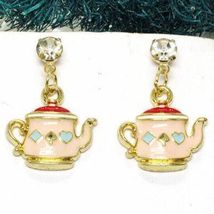Betsey Johnson Multi Color Enamel, Gold and Crystal Rhinestone TEAPOT Earrings